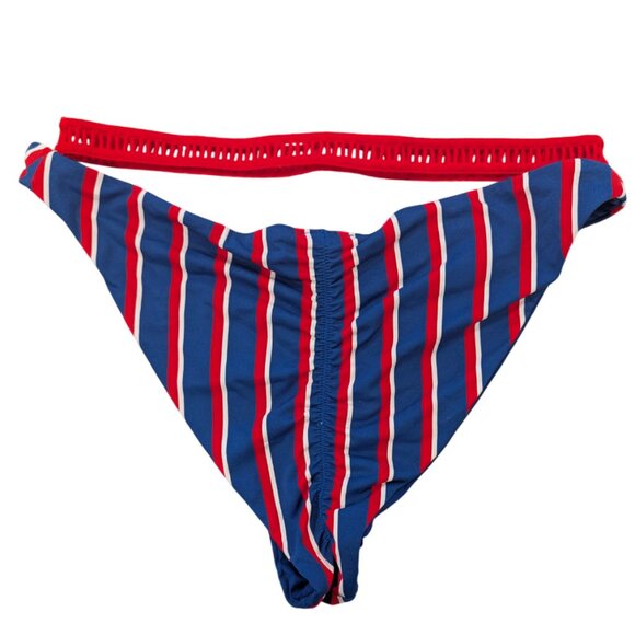 BAHIMI Nwt Striped Bikini Bottoms M Ladder Lace Trim Blue Red White - Picture 2 of 6